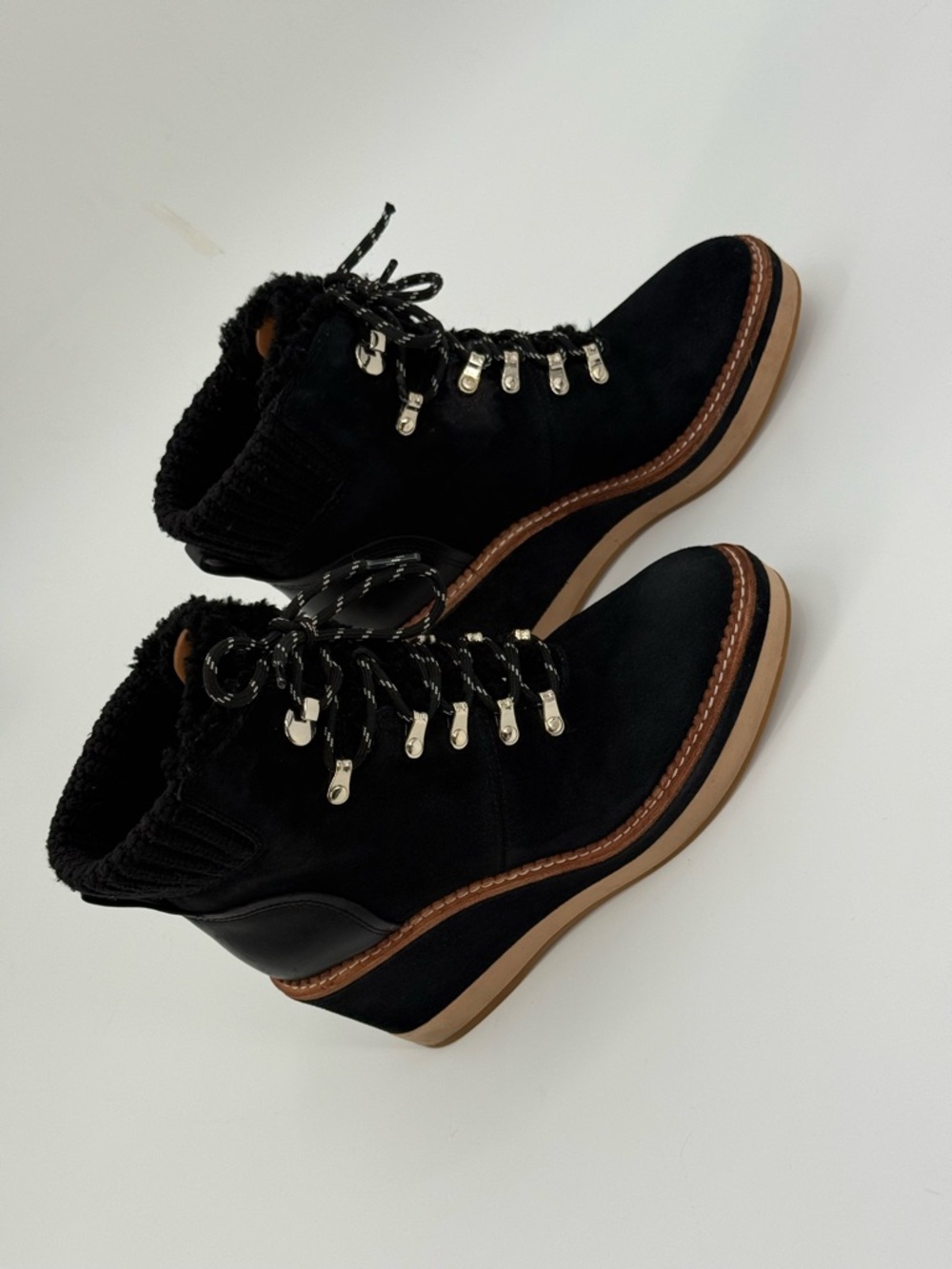 Kate Spade Willow Wedge Lace Up Knit Collar Suede Platform Booties SZ 7.5B - Picture 9 of 16